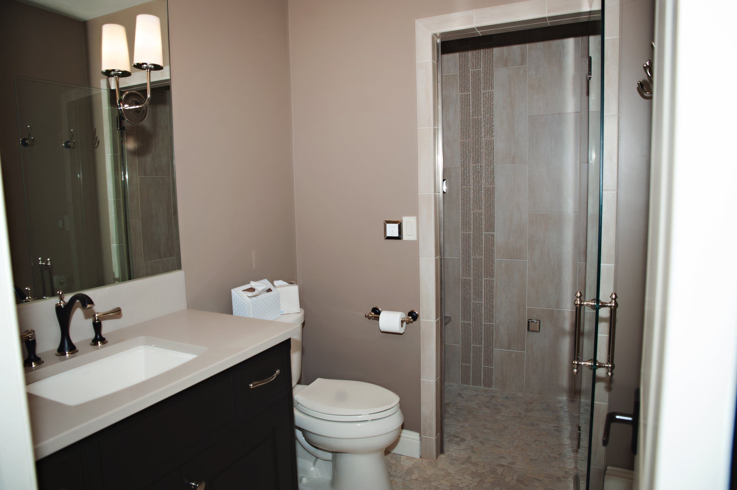 Bathroom with toilet, vanity and tiled walk-in shower