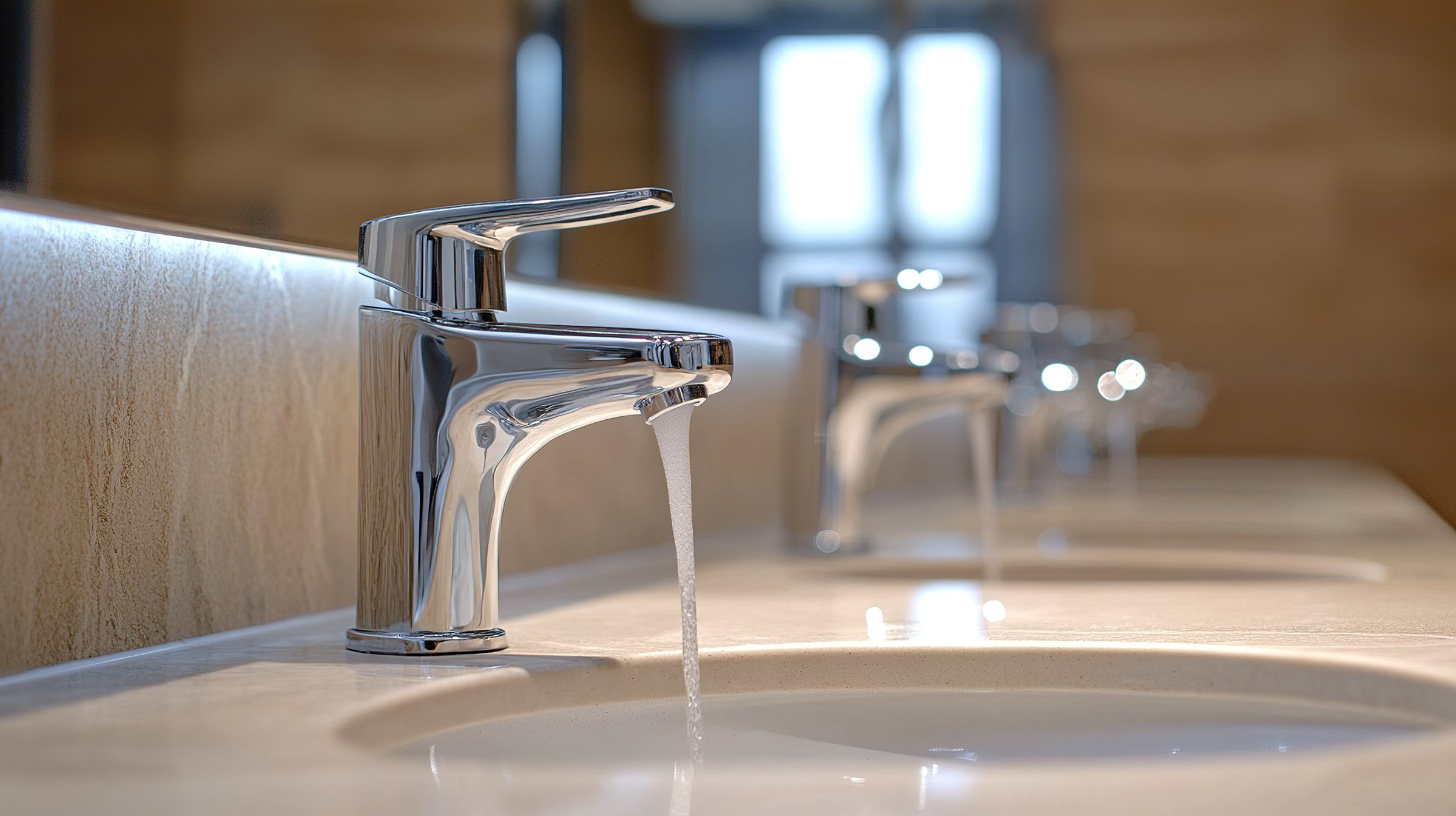 Water running from a chrome faucet in a row of commercial restroom sinks